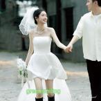 ウェディングドレス ミニドレス 前短後長ドレス ビスチェ ベアトップ サテン ワンピース 二次会 結婚式 前撮り ブライダル 花嫁 ウエディングドレス