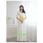 ショッピングウェディング ウェディングドレス ロングドレス 二次会 半袖 Vネック サテン 結婚式 前撮り ワンピース シンプル 編み上げ 白 ブライダル 花嫁 ウエディングドレス