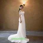 ショッピングウェディング ウェディングドレス 二次会 結婚式 ブライダル ロングドレス サテン オフショルダー スレンダー スリット 前撮り 挙式 花嫁 リゾート ウエディングドレス