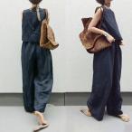 セットアップ レディース 夏 春 Tシャツ ブラウス 袖なし ノースリーブ カジュアル ワイドパンツ 無地 きれいめ ロングパンツ 体型カバー 着痩せ
