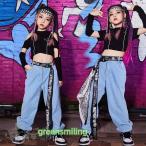 ショッピングダンス 衣装 ヒップホップ キッズ ダンス衣装 女の子 ヒップホップ チアガールズ ダンス 無地トップス デニム ロングパンツ へそ出し ジャズダンス ステージ衣装 練習着 体操服 120-170cm