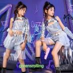 キッズ ダンス衣装 女の子 ヒップホップ チアガールズ ダンス キラキラ シルバー トップス 袖カバー ショートパンツ へそ出し ジャズダンス ステージ衣装 練習