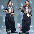 ダンス衣装 ヒップホップ  白 インナー　レザージャケットワイド カーゴパンツ  へそ出し キッズ ガールズ  セットアップ 派手 K-POP 韓国 ステージ衣装 応援団
