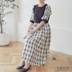 ワンピース ロング 半袖 夏 チェック柄 モノトーン 切替 ドッキング 異素材 パワショル ボリューム袖 ベスト レイヤード風 カジュアル 大人可愛い