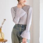 SALE 袖チュール リブニット レディース インナーニット 薄手ニット ラウンドネック 無地 フレアスリーブ M L トップス