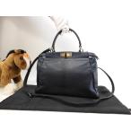 フェンディ ピーカブー小 レザー 紺 ショルダーストラップ付ハンドバッグ 美品@ 313