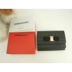フェラガモ 日本限定ミニウォレット ヴァラリボン レザー黒 3折財布 未使用@JL-22D951