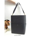 セリーヌ サングルバケット 型押レザー 紺 セミショルダー ホーボーバッグ 美品@S-GA-3196