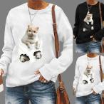  симпатичный 3D кошка футболка женский длинный рукав с изнанки флис мельчайший ворсистый осень-зима .. чёрный белый вырез лодочкой поверхность белый интересный животное модный 