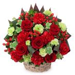 フラワーギフト 花キューピット 赤い花のバスケットフラワーアレンジメント メッセージカード無料 512573  生花 誕生日プレゼント 宅配 花