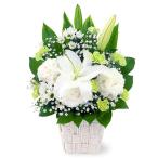花キューピット お悔やみ/お供え花 白い花でシンプルにまとめたフラワーアレンジメント メッセージカード無料 512680 生花 宅配 花