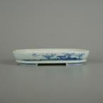 [ б/у ] бонсай горшок камень Izumi маленький размер длинная сторона примерно 14.5cm эллипс горшок внизу obi белый фарфор с синим рисунком ландшафт map персона узор оценка .. для на данный момент товар б/у горшок 