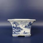 [ б/у ] бонсай горшок снежные горы? маленькая миска длинная сторона примерно 9.3cm правильный person горшок белый фарфор с синим рисунком пейзаж персона цветок узор China горшок оценка .. для на данный момент товар б/у горшок 