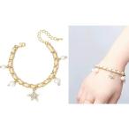 ブレスレット バングル ジュエリーアクセサリー ジルコニア腕輪 パールスターブレスレット ゴールド(ベージュ革)