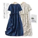 ワンピース レディース ロング丈 ゆるワンピース 森ガール ゆったり ドット柄 着痩せ 体型カバー 半袖 薄手 大きいサイズ 綿麻混