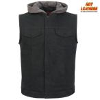 Hot Leathers バイク デニムベスト フリース フード付き メッシュ裏地 Men's Black Denim Hooded Vest 6ポケット 米国ホットレザー メンズ 大きいサイズ