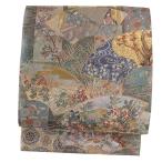 中古 袋帯 プラチナ本金箔 壱阡八百口織 伝承国宝図 源氏物語 唐織 正絹 金地 ゴールド リバーシブル 扇 花 菊 松 桜 華文 流水 No.6-1618