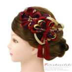 ショッピング髪飾り 髪飾り 成人式 つまみ細工 赤 振袖 袴 花 4点セット ワインレッド 紫 ゴールド ちりめん 玉飾り 組紐 房付き かんざし 日本製 No.9-4928