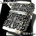 ZIPPO ライター メタルジャケット ダブルクロス 超重厚 シルバーイブシ ジッポ 4面加工 彫刻デザイン 銀 メンズ