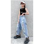 韓国子供服 ズボン ゆったり 無地 女の子 ボトムス ダメージデニムパンツ キッズ ガールズ ジーンズ お洒落 ロングパンツ 春秋着 ダンス 衣装
