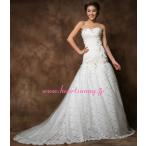 ウェディングドレス花飾り折り目ハートネックビスチェ編み上げ透明感レースロン...