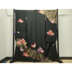 平和屋着物●豪華振袖　作家物　舞蝶文　黒地　金彩　銀通し地　正絹　逸品　CABD8974gh