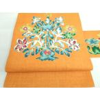 ショッピング帯 平和屋本店■極上　創業130年　江戸染繍友禅　大彦　九寸名古屋帯　紬地　駒刺繍　橙色地　金糸　逸品　DZAA5809kh5
