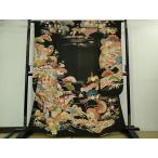 ショッピング着物 平和屋着物■極上　アンティーク　大正ロマン　振袖　駒刺繍　御所車鼓花文　黒地　逸品　DZAA9562kh5