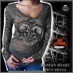 訳あり Vネック長袖Tシャツ ハート型ツインスカル柄 Tee レディース クリックポスト送料無料/wot038-2