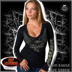 ハードロック系羽を広げた鷲＆薔薇柄Vネック長袖Tシャツレディースロンtee...