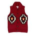 カナダ製 カナタ Kanata カウチンセーター ベスト ネイティブ調 オルテガ柄 くるみ釦 レッド 赤  [ta-1594]