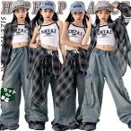 jazz в клетку Denim Kids танцевальный костюм выставить девочка Корея мода длинный рукав t рубашка внутренний майка брюки-карго шаровары ...