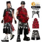 キッズ ダンス衣装 セットアップ ヒップホップ系 パンク風 ストリートファッション 韓国風 原宿系 ユニセックス 赤黒 迷彩風 ノースリーブ ベスト フード付き ベ