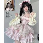 ロリータドレス 甘ロリータ ジャンパースカート jsk 姫袖 ネックレス パニエ追加可 キャミソール ミニ丈 ショート丈 Aライン 蝶リボン 光沢感 レース フリル 可