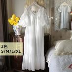 ロングネグリジェ ロング丈 レースジャカード パフスリーブ 半袖 五分袖 綿100％ ルームウェア お姫系 ネグリジェ プリンセス風 夏 半袖 パーフ袖 ネグリジェ 欧