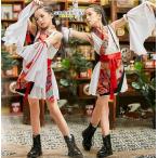 子供中華風ダンス衣装4点セット チャイナ風 和風 膝丈 チャイナドレス 着物 女の子 中華ドレス 中華コスプレ衣装 フリル付け袖 姫袖 中国風 ジャズ ストリートダ