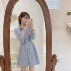 送料無料 シャツワンピース シャツワンピ ブルー ホワイト ストライプ 長袖/冬 /レイヤード 帰省 正月 効果 温感