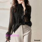 ドット柄ブラウス シースルー 袖透け感 レディース 秋 ス シャツブラウス 水玉 プルオーバー長袖 ブラウス ゆる 体型カバー きれいめ 通勤OL