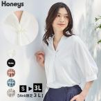トップス ブラウス 6分袖 ボウタイリボン ボリューム袖 通勤 オフィス レディース 夏 Honeys ハニーズ パール付ボウタイブラウス
