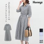 ショッピングオフィス ワンピース フレア 襟付き 大人 オフィス 半袖 きれいめ 春 夏 黒 チェック レディース Honeys ハニーズ ６分袖シャツワンピース