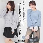 ショッピングハート トップス ニット セーター 長袖 ハート柄 フェザーヤーン ダブルジャカード クルーネック ナイロン混 総柄 レディース Honeys ハニーズ ハート柄フェザーニット