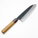 和三徳包丁 両刃 165mm 青紙スーパー 割込み 黒打ち槌目模様 ケヤキ柄