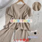 パンツ セットアップ レディース Tシャツ ブラウス 半袖 カジュアル ワイドパンツ サマーニット 無地 きれいめ ロングパンツ 体型カバー 着痩せ