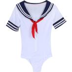 ぴゅありぼん セーラー服風 フロントジップ 水着タイプ コスチューム フリーサイズ (ホワイト,  Free Size)