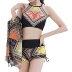  танкини 3 позиций комплект парео имеется женский купальный костюм этнический рисунок топ на бретелях body type покрытие MDM( желтый / orange, XL)