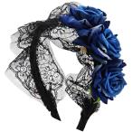 カチューシャ 薔薇 ゴスロリ レース 髪飾り ローズ ヘアアクセサリー( ブルー)