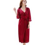 プリンセス ナイトウェア ネグリジェ ガウン 2点セット レース ロング丈 パジャマ(ワインレッド)