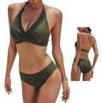 ビキニ レディース 水着 体型カバー 小胸 盛れる アンダー調整可 ホルターネック 胸パッド 見せブラ( グリーン,  L)