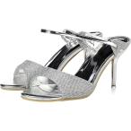 サンダル ミュール ピン ヒール 9ｃｍ アップ vカット シンプル スティレット アンクル ストラッ(シルバー,  23.5 cm)