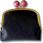 がま口 二つ折り財布 本革 日本製 レディース 木玉 がま口財布 コンパクト cbr0003(ブラック)